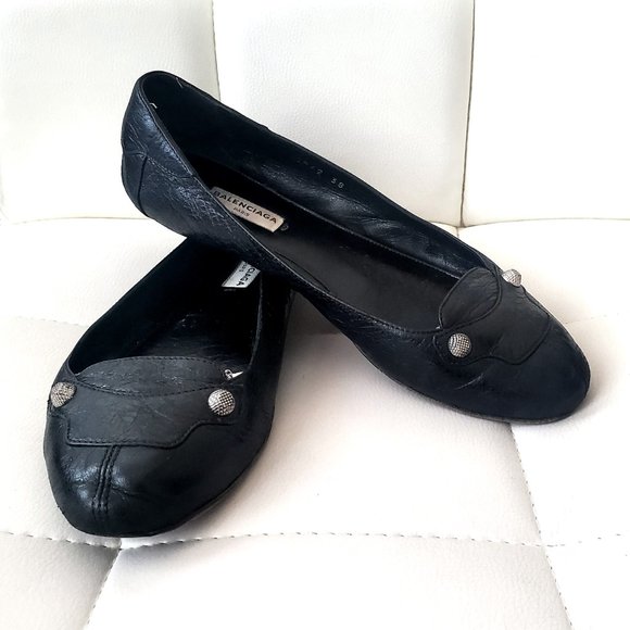 BALENCIAGA Arena Giant silver Black Leather Ballerina Ballet Flat Shoes - Picture 1 of 7